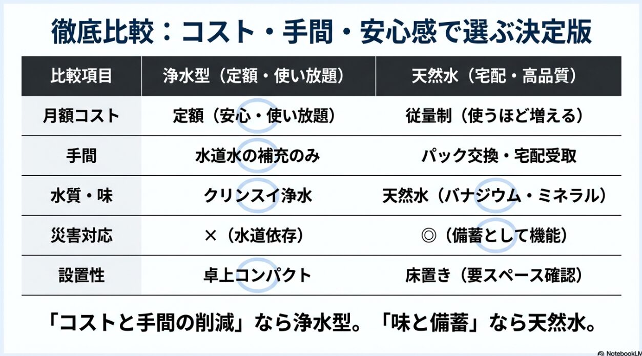 天然水 vs 浄水型｜迷ったらここだけ見てください