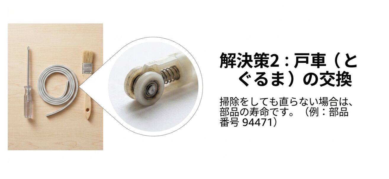 掃除をしても網戸の動きが直らない場合の部品寿命による戸車交換（例：部品番号94471）について解説したスライド。