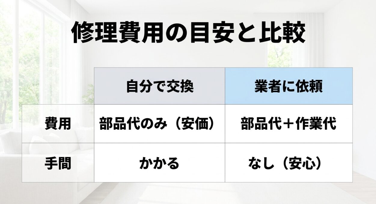 網戸修理を自分で行う場合（部品代のみで安価だが手間がかかる）と、業者に依頼する場合（部品代＋作業代だが安心）の費用と手間の比較を示したスライド。