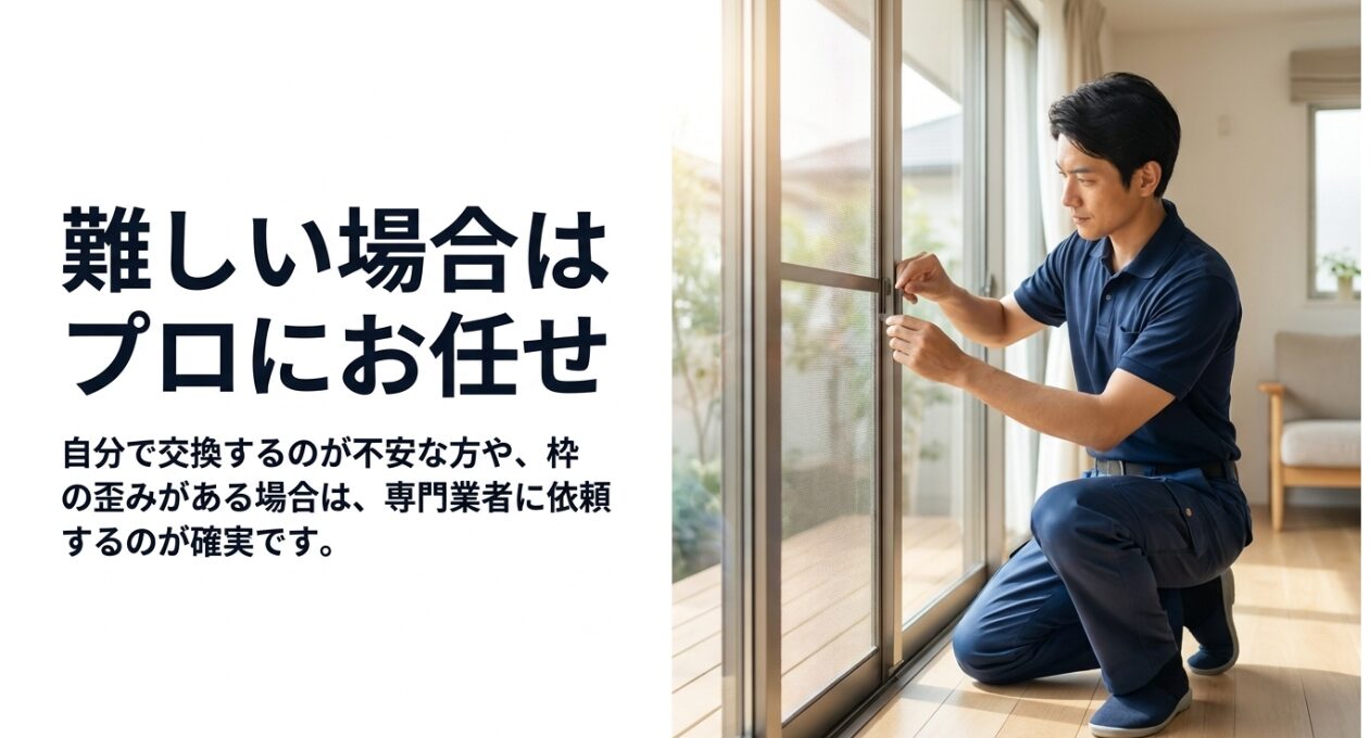 自分で網戸の部品交換をするのが不安な場合や、サッシ枠自体に歪みがある場合は専門業者に依頼するのが確実であることを伝えるスライド。