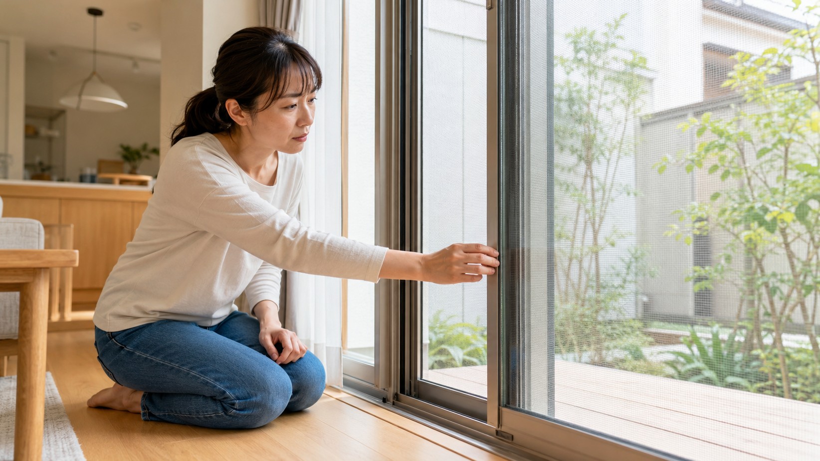積水ハウスの網戸が重い症状を確認する日本人女性