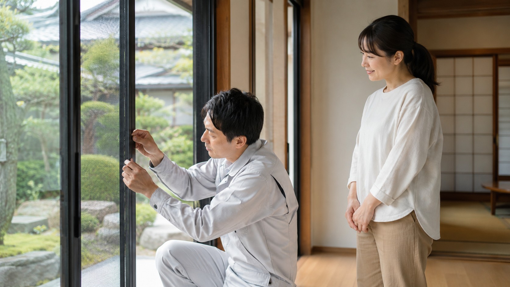 積水ハウスの網戸を専門業者が点検修理する様子