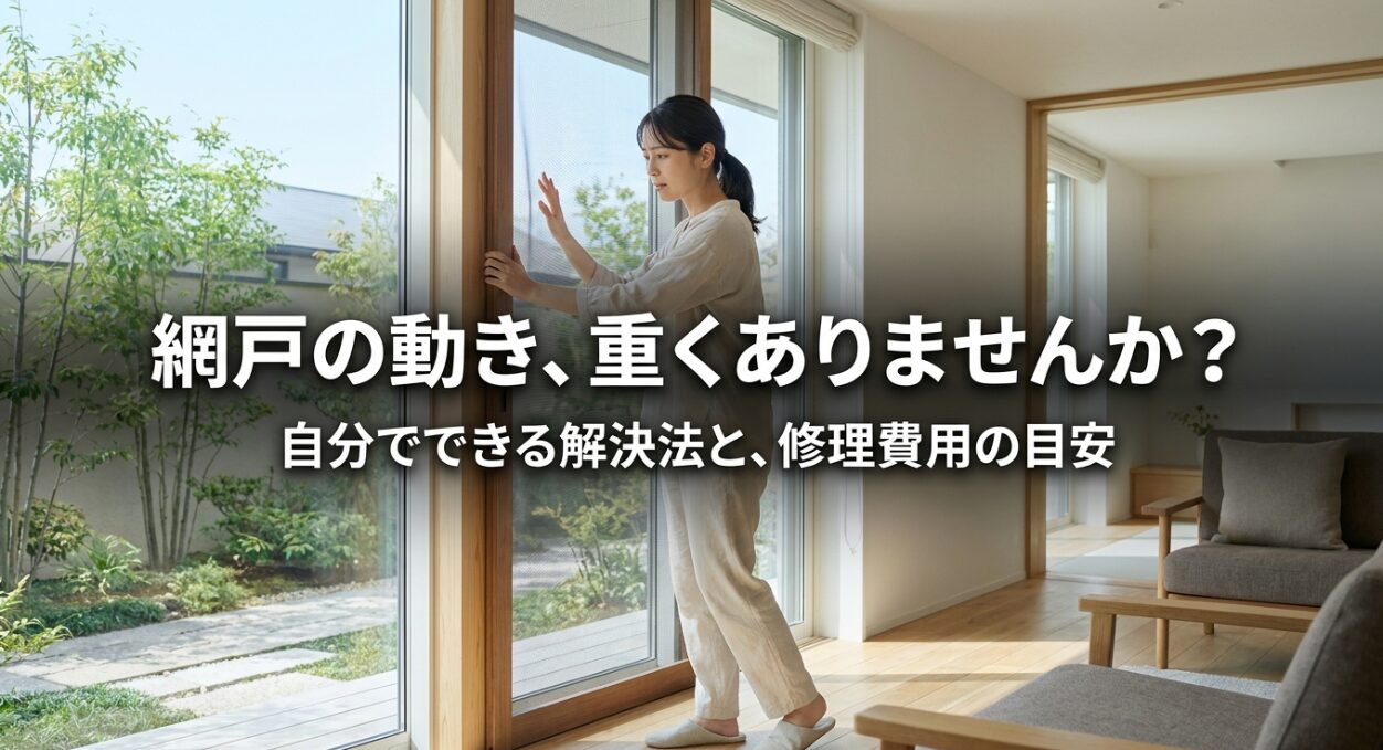 積水ハウスの網戸の動きが重いときの自分でできる解決法と、修理費用の目安を解説するスライドの表紙。