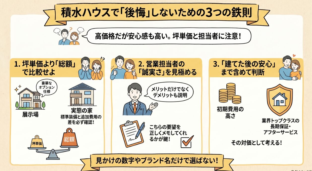 積水ハウスで後悔しやすい理由
坪単価や追加費用の注意点
口コミ評判と他社比較の見方
後悔を防ぐ契約前の確認ポイント２