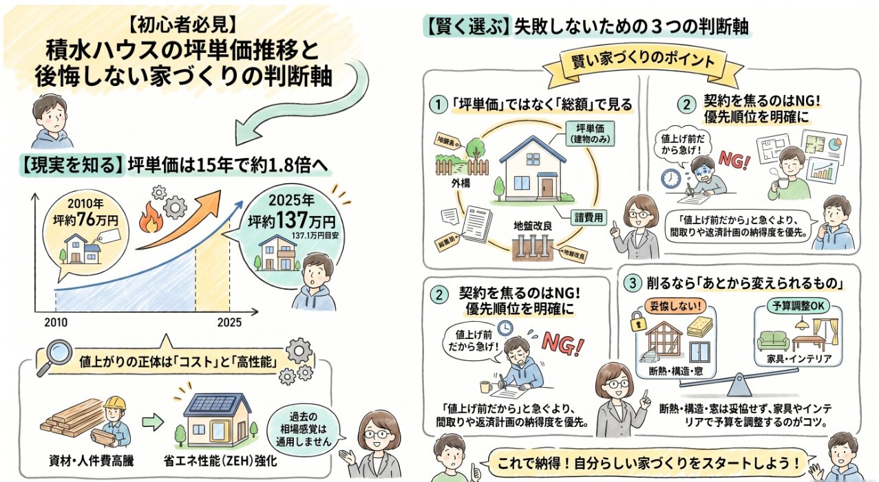 積水ハウスの坪単価推移と最新目安
資材高騰や価格改定が与える影響
30坪・40坪・平屋の総額イメージ
今建てるべきか迷う人の判断軸2