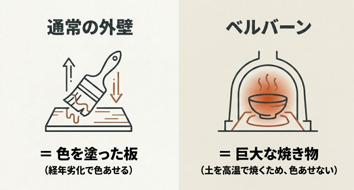 積水ハウスのベルバーンと通常の外壁の違いを、色を塗った板と巨大な焼き物として比較した解説画像