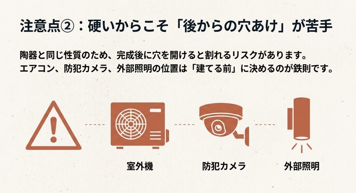 ベルバーンは硬い陶版外壁のため、エアコン室外機、防犯カメラ、外部照明の位置を建築前に決める重要性を示す画像