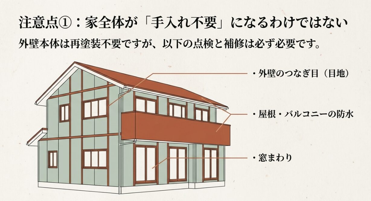 ベルバーン本体は再塗装不要でも、外壁のつなぎ目、屋根、バルコニー、窓まわりの点検が必要なことを示す画像