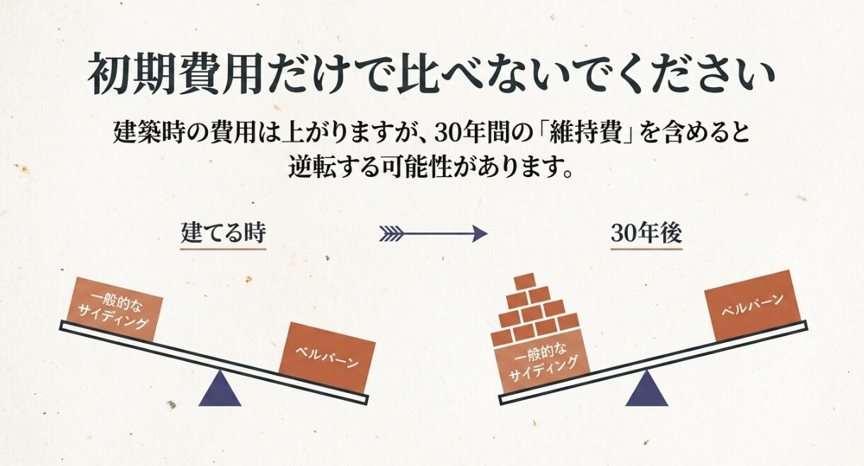 ベルバーンは建築時の費用が上がっても、30年間の維持費を含めると一般的なサイディングより有利になる可能性を示す画像