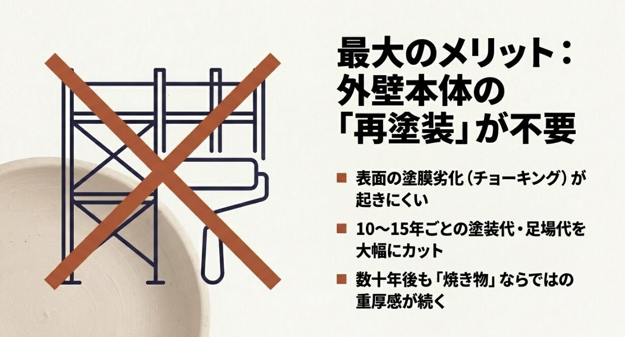 積水ハウスのベルバーンは外壁本体の再塗装が原則不要で、塗装代や足場代を抑えやすいことを示す画像