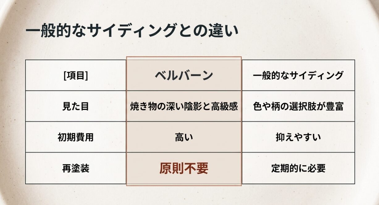 ベルバーンと一般的なサイディングを見た目、初期費用、再塗装の観点で比較した表の画像
