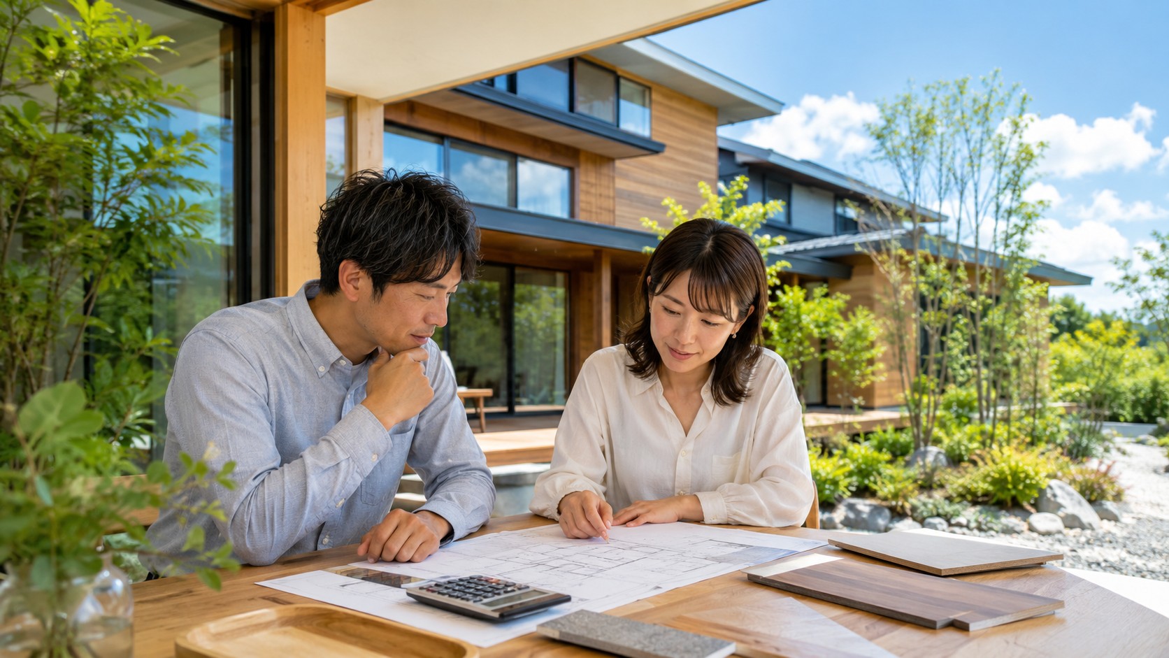 積水ハウスシャーウッドの価格を検討する日本人夫婦が、木造住宅の図面と見積もりを確認している様子