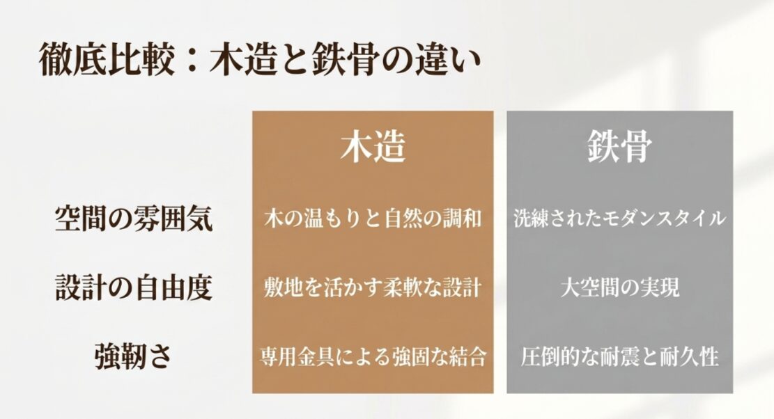 積水ハウスの木造と鉄骨の違いを、空間の雰囲気（木の温もりvsモダン）、設計の自由度（柔軟な設計vs大空間）、強靭さ（専用金具vs圧倒的な耐震耐久性）の3項目で比較したスライド画像 。