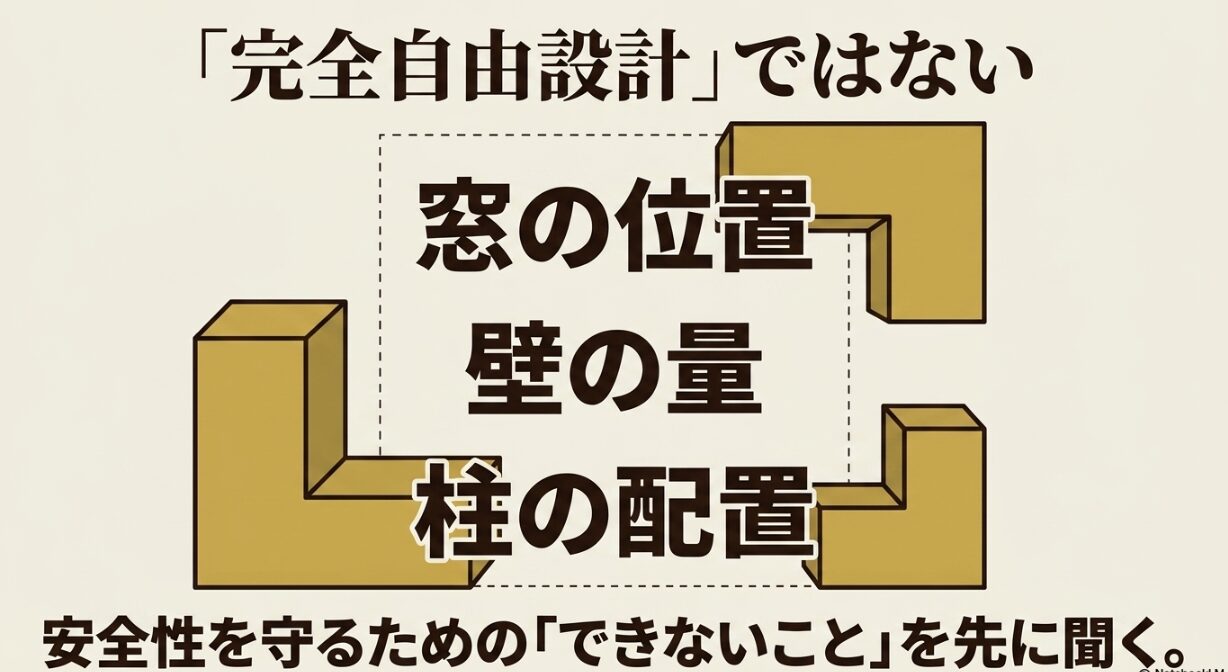 積水ハウスシャーウッドの自由設計では窓の位置や壁の量や柱の配置に制約が出る可能性を示す図解