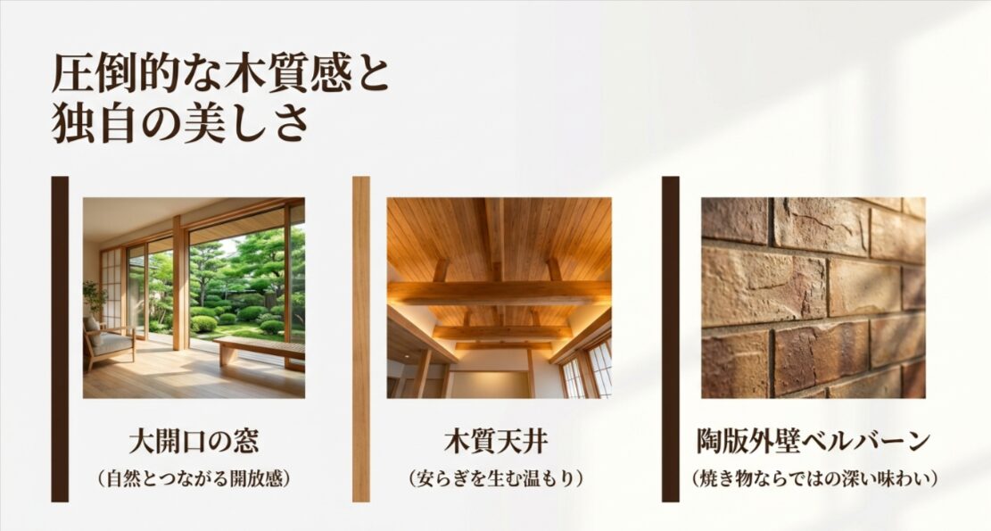 シャーウッドの魅力である大開口の窓（自然とつながる開放感）、木質天井（安らぎを生む温もり）、陶版外壁ベルバーン（焼き物ならではの深い味わい）の3つの特徴を紹介するスライド画像 。