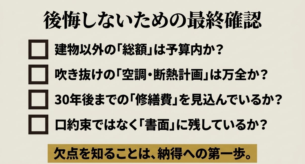 積水ハウスシャーウッドで後悔しないために総額や空調断熱計画や修繕費や書面確認をチェックする図解