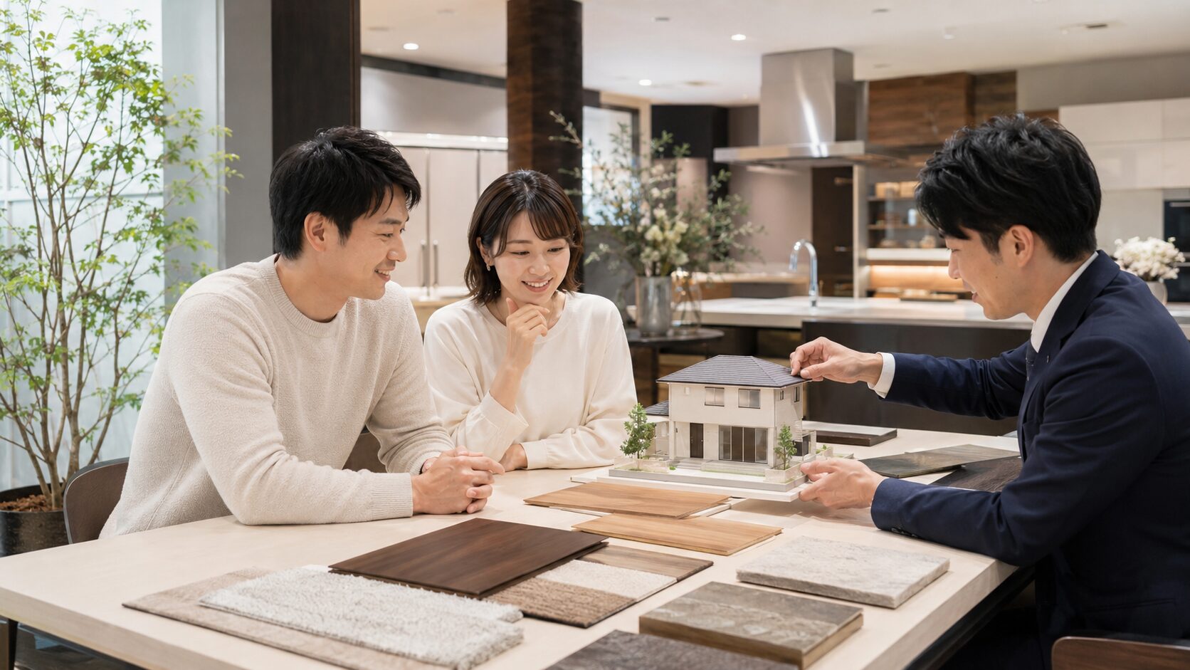 展示場で住宅模型と内装サンプルを見ながらシャーウッド風住宅を相談する日本人夫婦