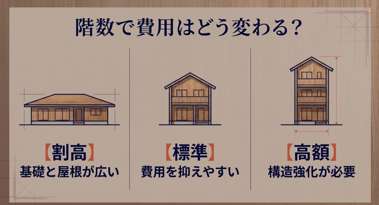 積水ハウスシャーウッドの平屋は割高、2階建ては標準、3階建ては高額になりやすいことを示すスライド