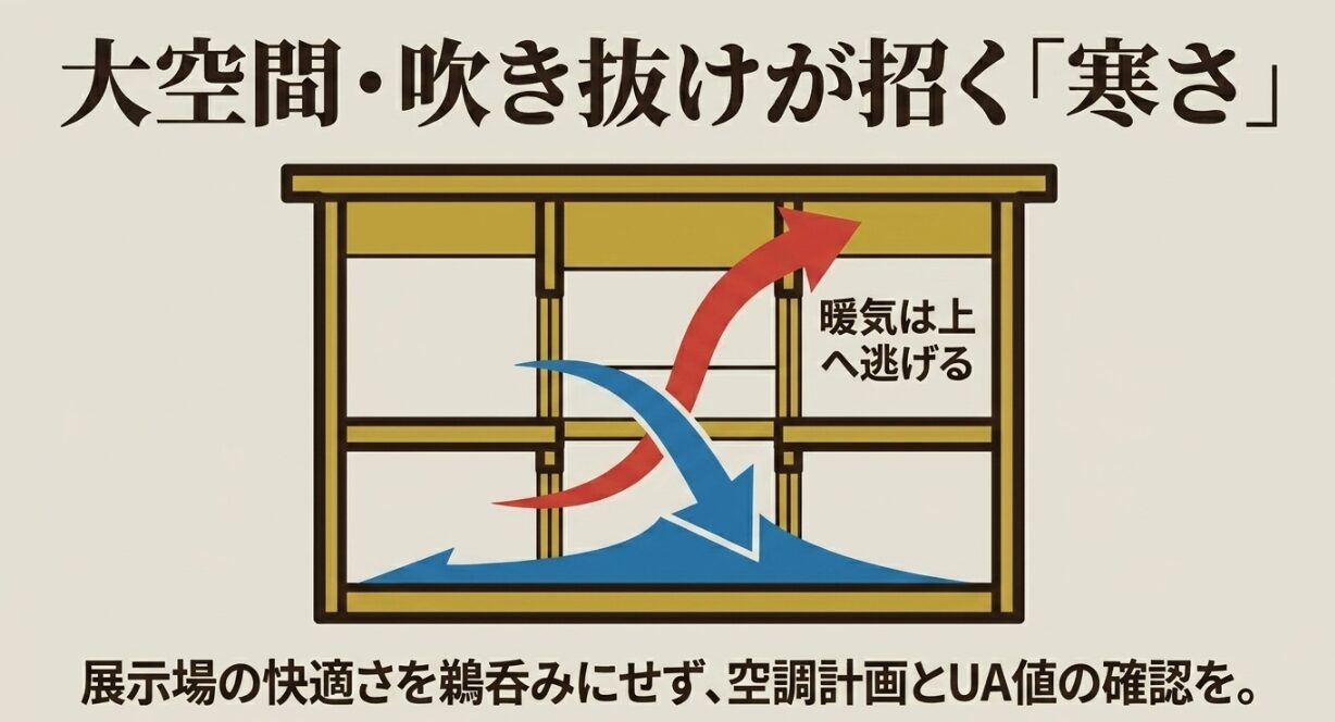 積水ハウスシャーウッドの吹抜けや大空間で暖気が上に逃げやすく寒さを感じる原因を示す図解