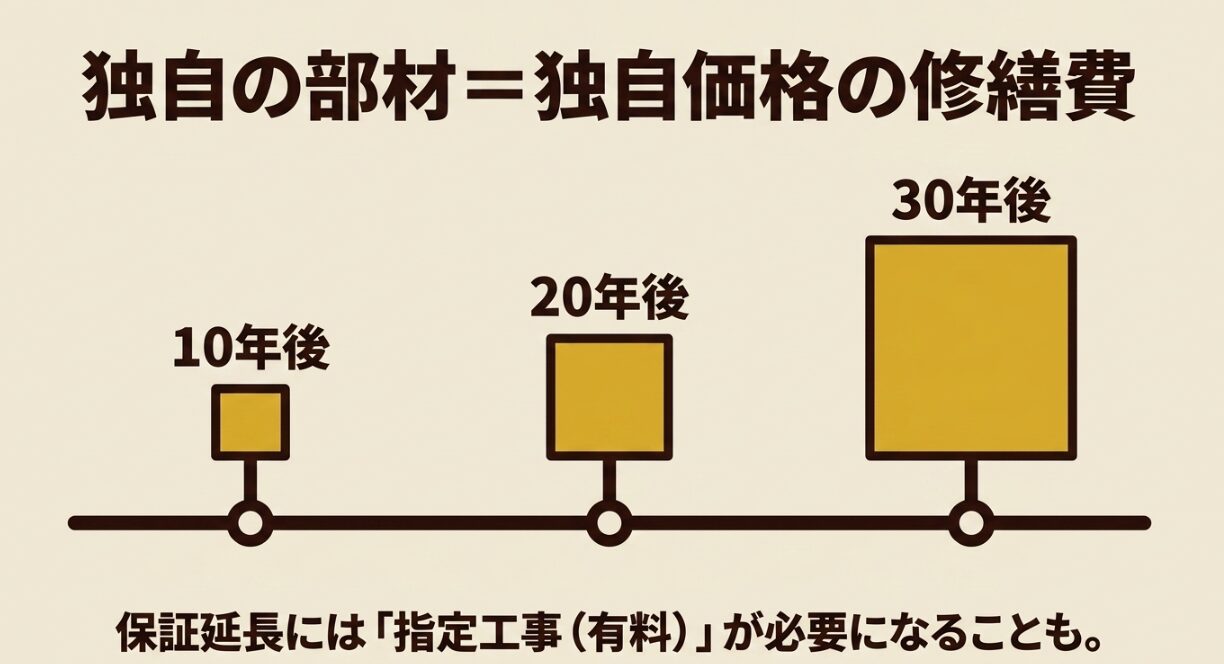 積水ハウスシャーウッドは独自部材や保証延長条件により将来の修繕費を確認すべきことを示す図解