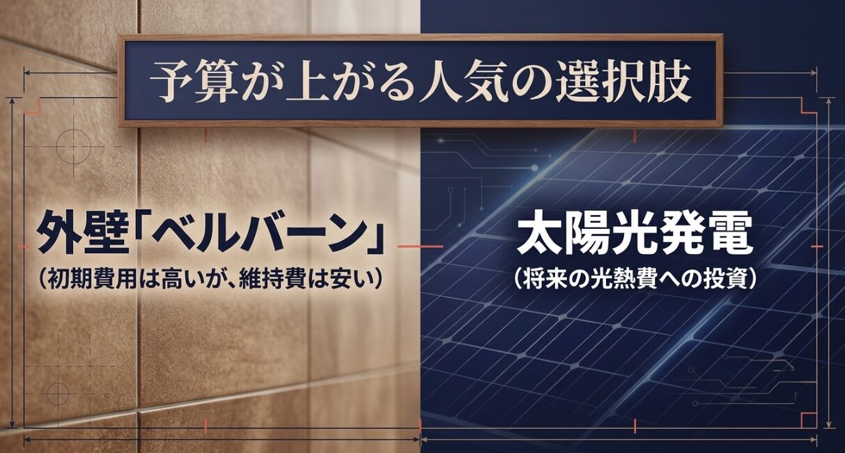 積水ハウスシャーウッドで予算が上がりやすいベルバーン外壁と太陽光発電を比較するスライド