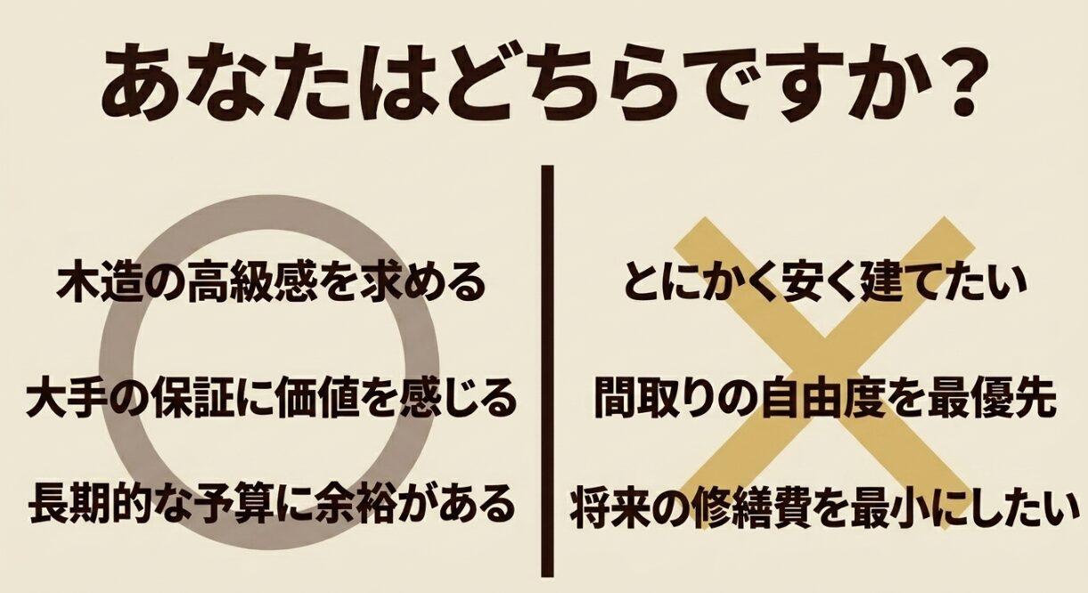 積水ハウスシャーウッドが向いている人と不向きな人を費用や保証や間取り自由度の観点で比較した図解