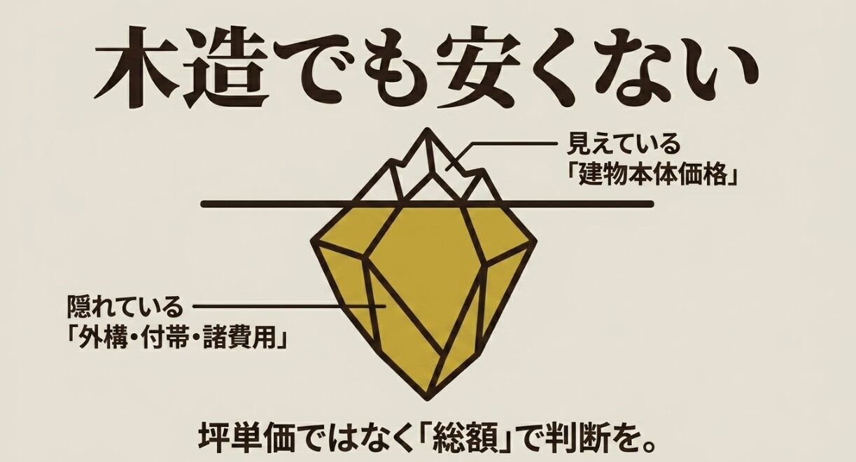 積水ハウスシャーウッドは建物本体価格だけでなく外構や付帯工事を含めた総額で判断すべきことを示す図解