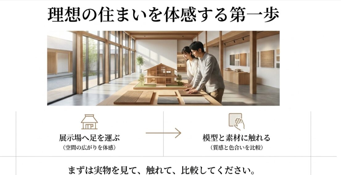 理想の住まいを体感する第一歩として、展示場へ足を運んで空間の広がりを体感すること、模型と素材に触れて質感や色合いを比較することを促すスライド画像 。