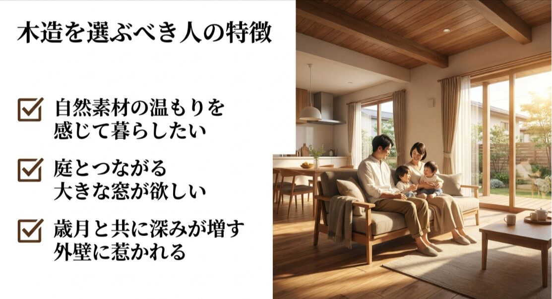 木造住宅を選ぶべき人の特徴として、自然素材の温もりを感じて暮らしたい、庭とつながる大きな窓が欲しい、歳月と共に深みが増す外壁に惹かれる、という3つのポイントを挙げたスライド画像 。